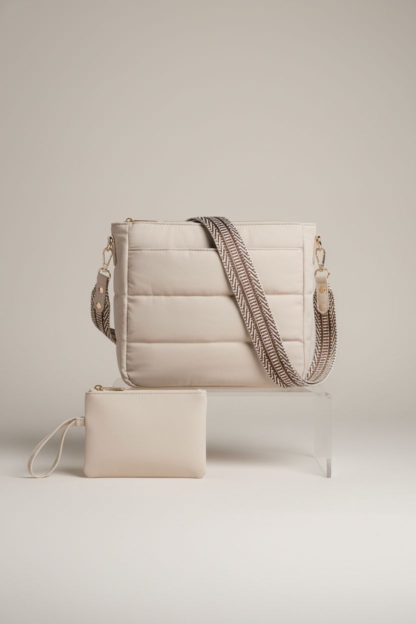 BAVERGE beige puffer crossbody bag displayed on a studio set with adjustable strap