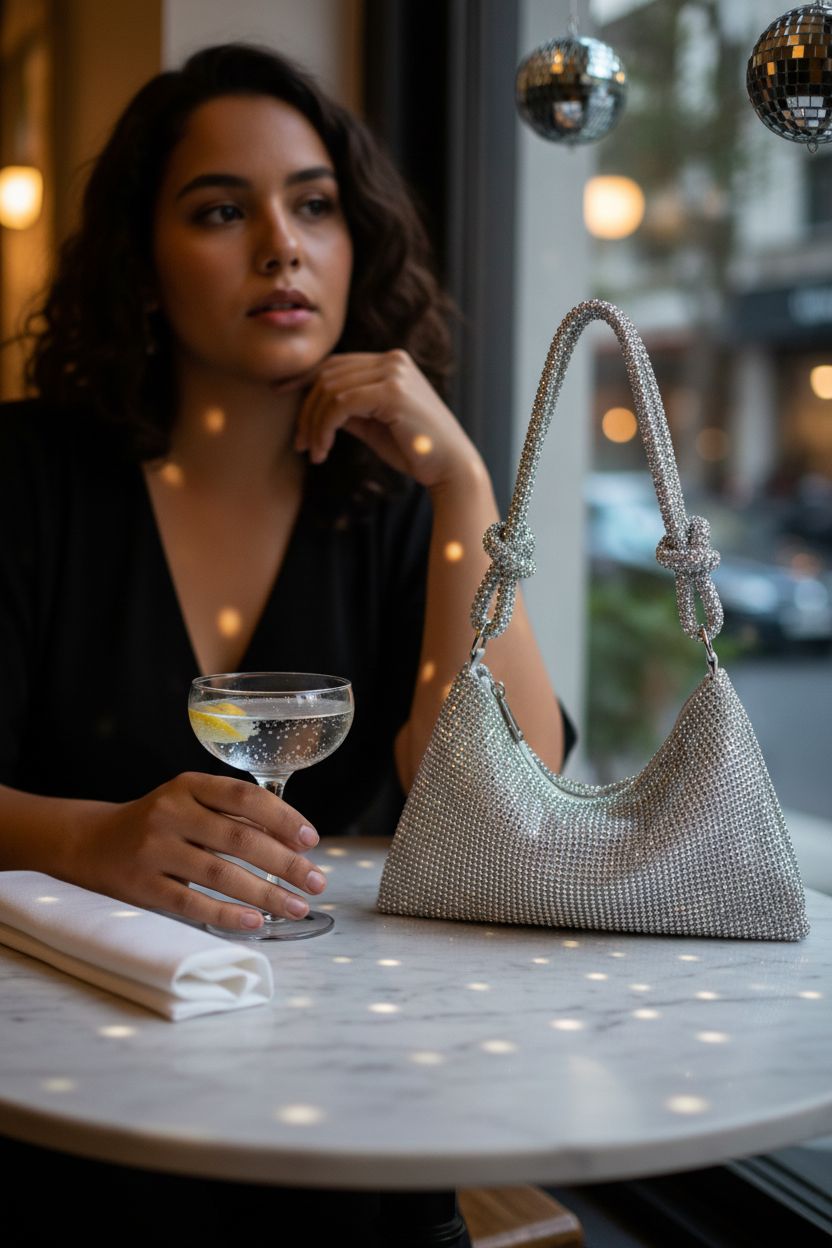 YUWITA rhinestone purse elegantly placed on a marble table in a cozy café