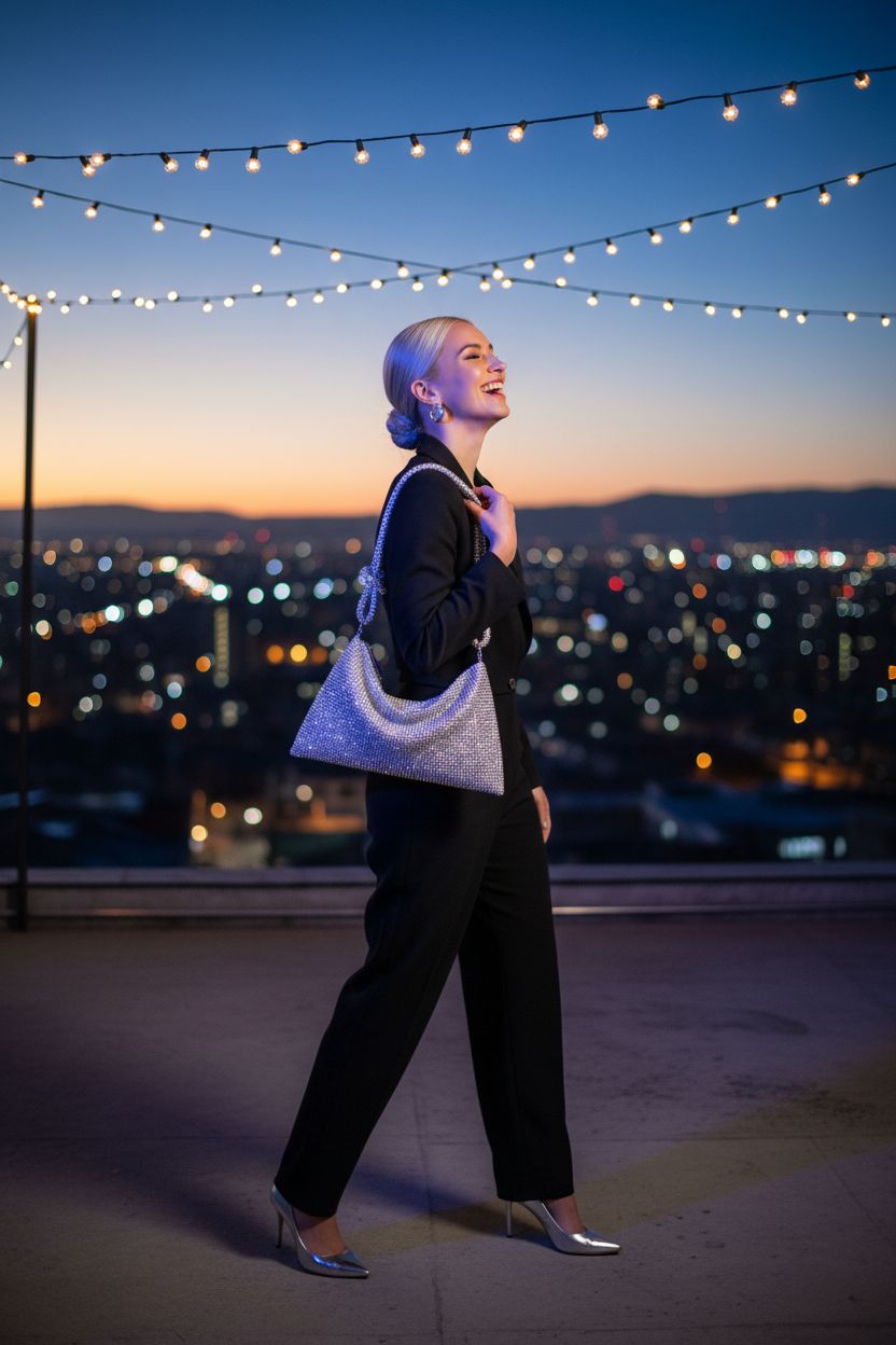 YUWITA rhinestone purse slung over shoulder against a twinkling skyline backdrop