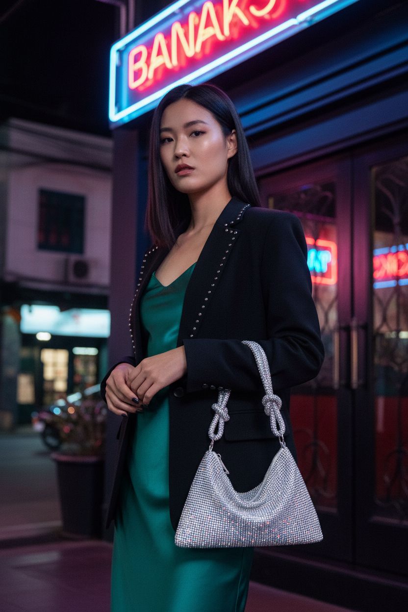 YUWITA sparkling mini handbag showcased in chic speakeasy setting