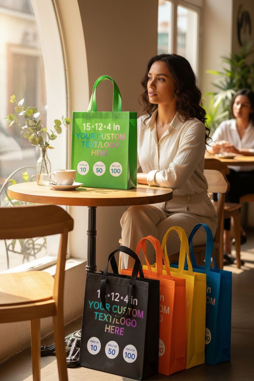 Green JEOHLORY custom tote bag beside coffee at a café, highlighting its stylish design.