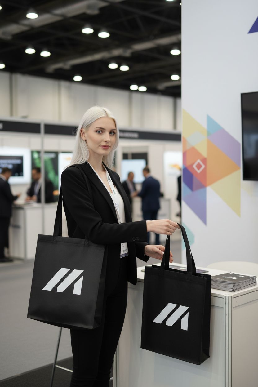 Black JEOHLORY custom tote bag with logo displayed at a trade show, showcasing brand promotion.