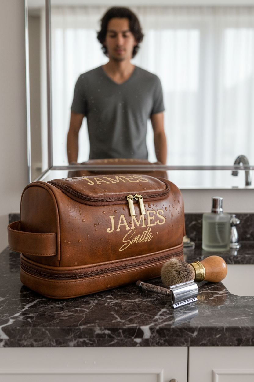 Cognac leather toiletry bag on dark marble vanity with vintage items, Sparklove custom bags