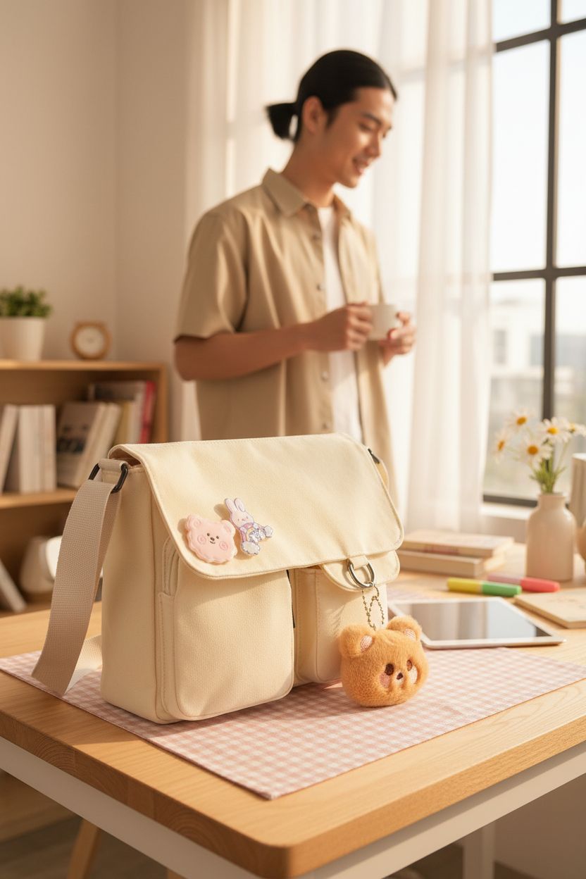 Cream canvas crossbody bag on a desk with pastel stationery by Phaoullzon, cute cheap purses for stylish settings.