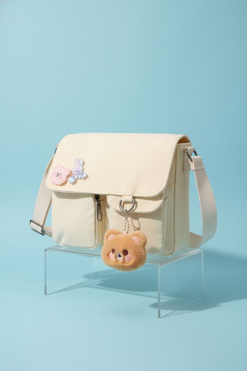 Cream canvas crossbody bag showcased on an acrylic riser highlighting texture by Phaoullzon, cute cheap purses.