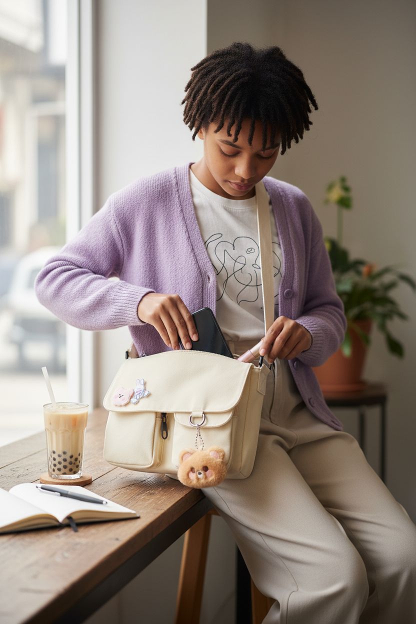 Cream canvas crossbody bag being used in a cozy café nook by Phaoullzon, cute cheap purses for teens.