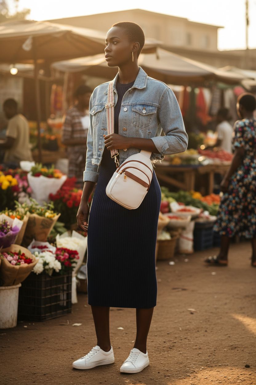 BOSTANTEN beige leather crossbody bag worn stylishly at a vibrant market