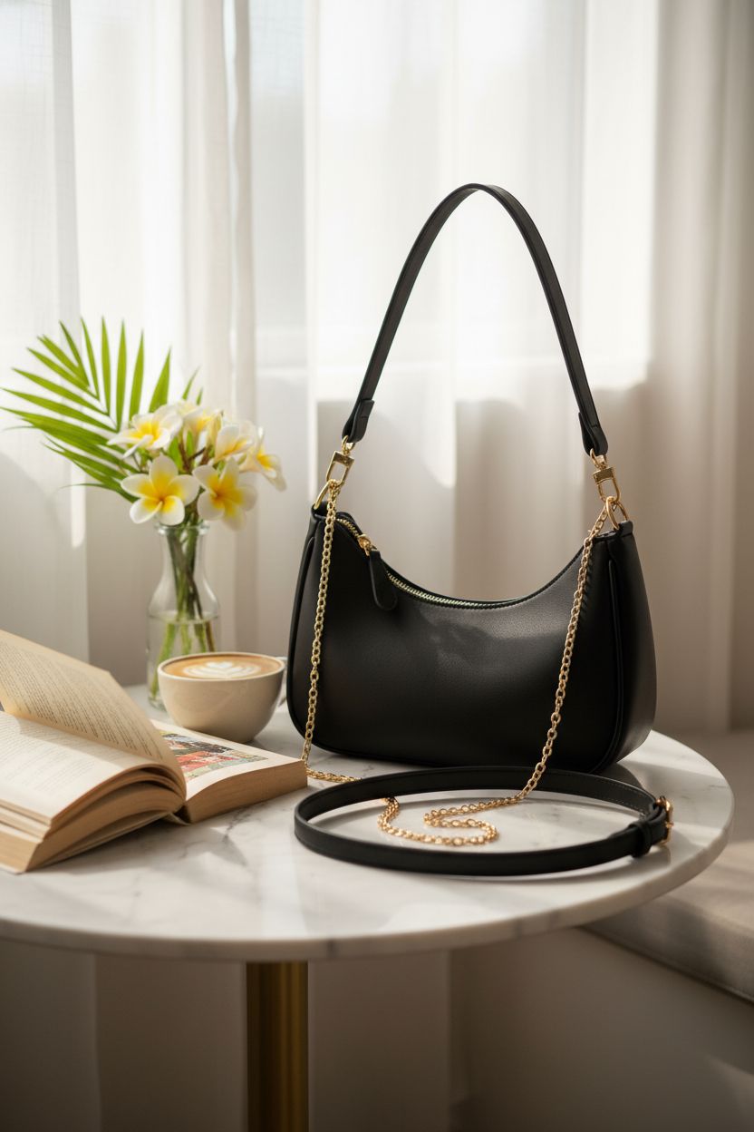 KKXIU black hobo bag on a marble table with flowers, showcasing cute purses in a cozy home setting.