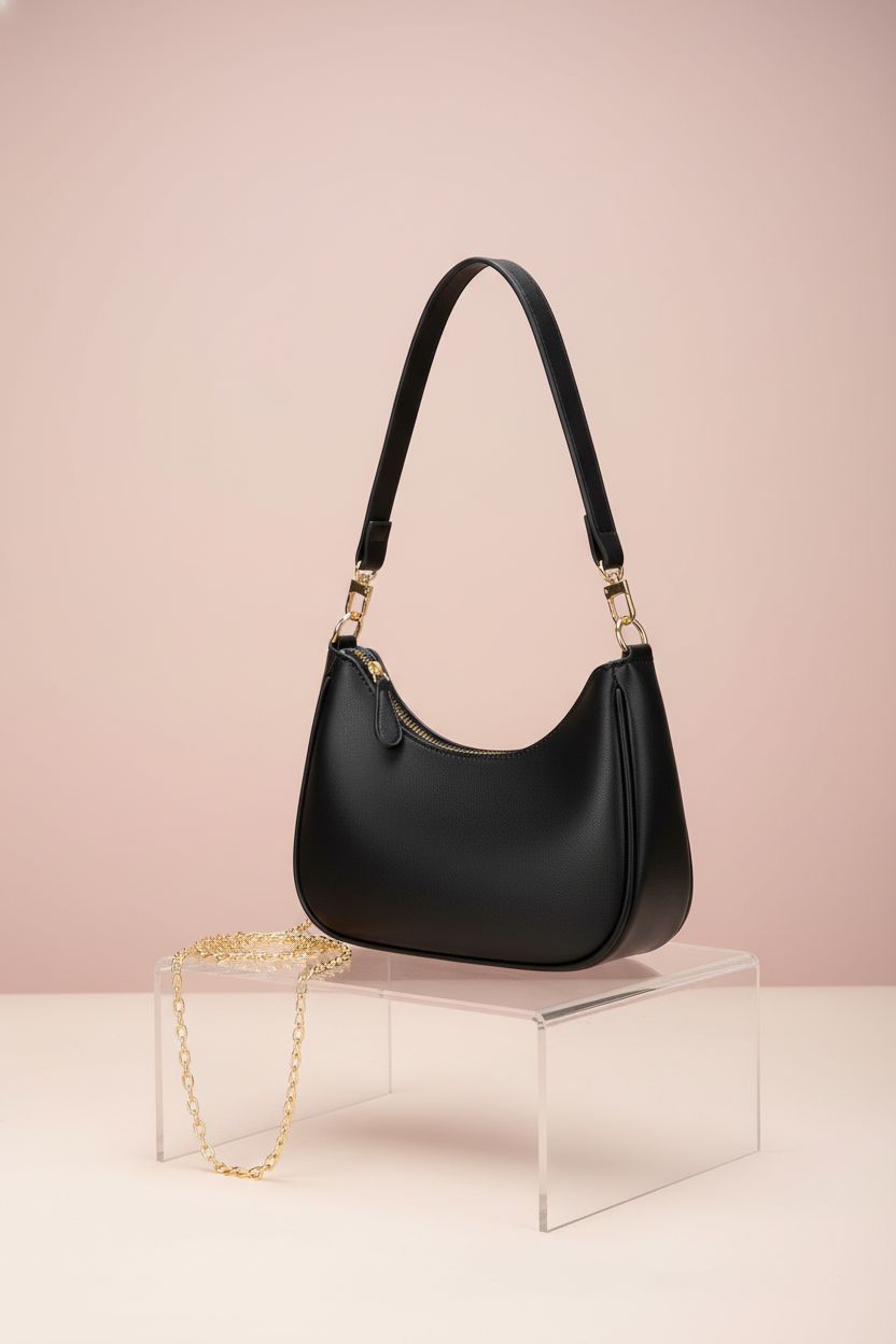 KKXIU black hobo bag on an acrylic riser, highlighting its stylish design for women who adore cute purses.