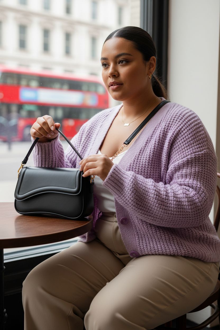 KKXIU black hobo handbag resting on lap, showcasing versatile short and long handles in a cozy café.