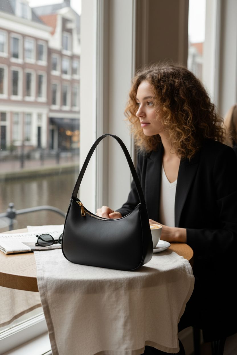 CYHTWSDJ black hobo purse styled beside a cappuccino in a cozy café setting, perfect for casual outings.