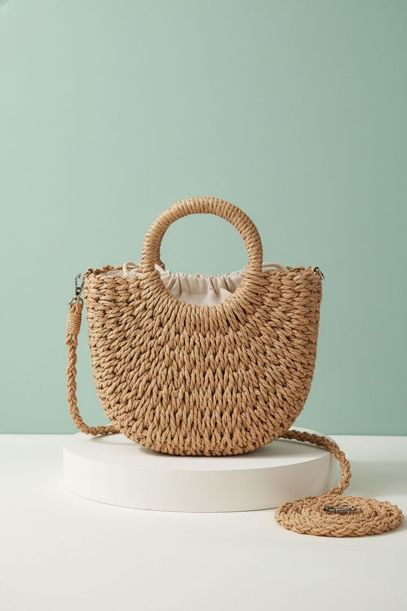 Youjaree small straw handbag on a studio set, highlighting its stylish design and premium materials.