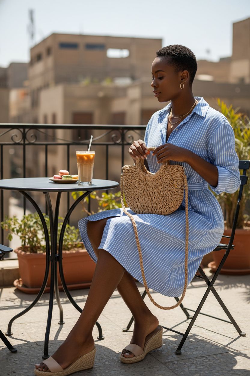 Youjaree handmade woven straw crossbody handbag on a terrace, perfect for summer outings.