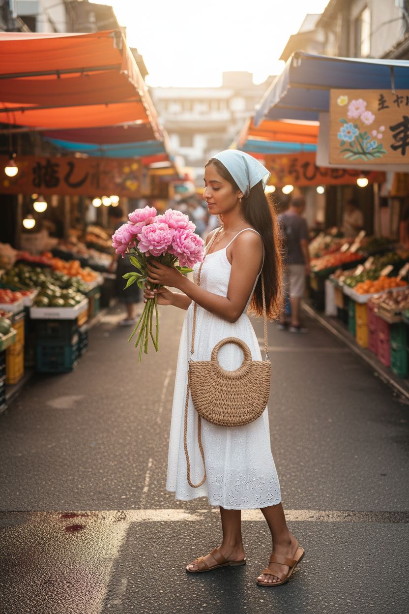Youjaree half-moon straw bag worn crossbody at a sunny farmers market, ideal for summer adventures.