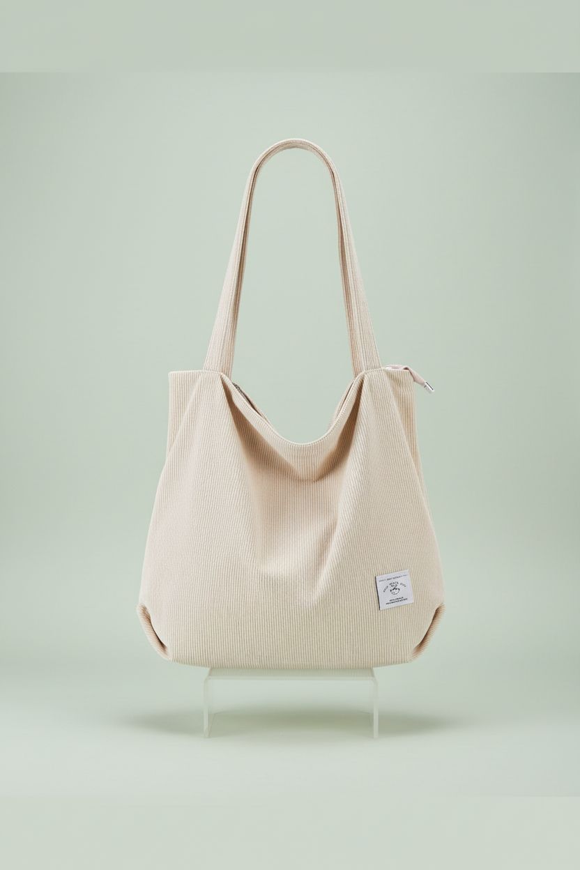 KALIDI cream corduroy tote bag showcasing its design and quality.
