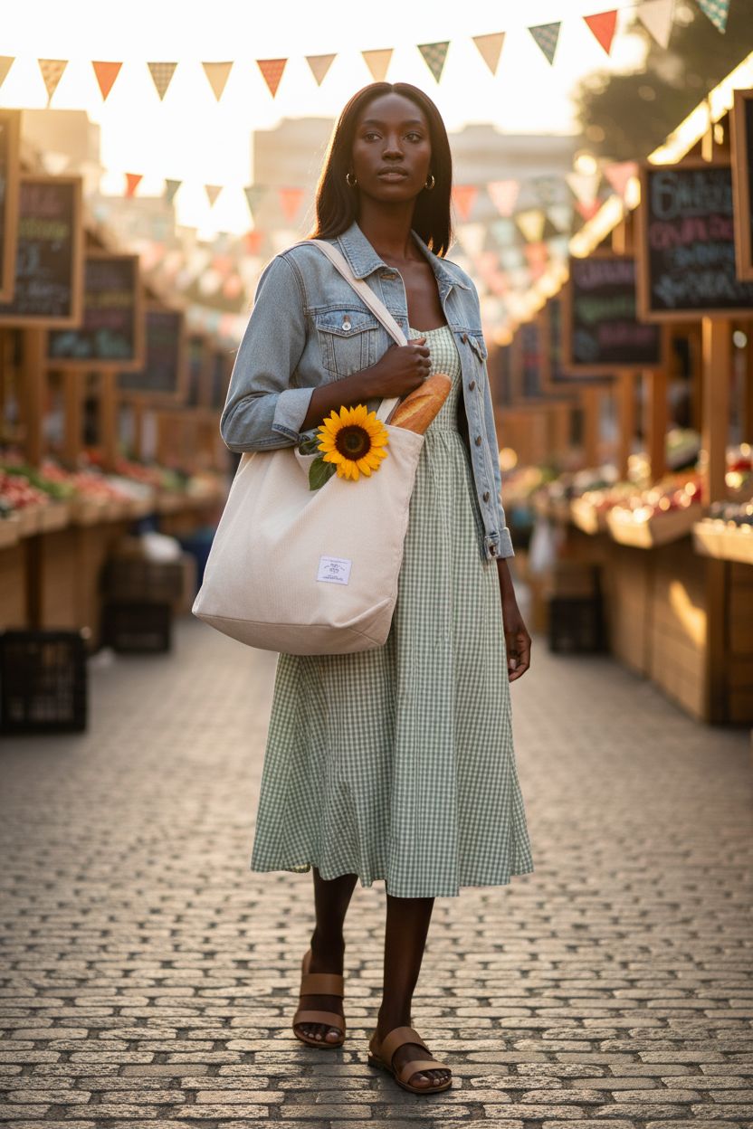 KALIDI cream corduroy tote bag at a market with sunflowers and baguette.
