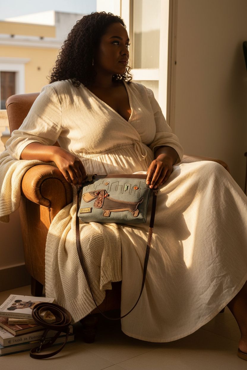 Cozy setting with a CHALA dachshund purse on a leather chair, surrounded by dog-themed items