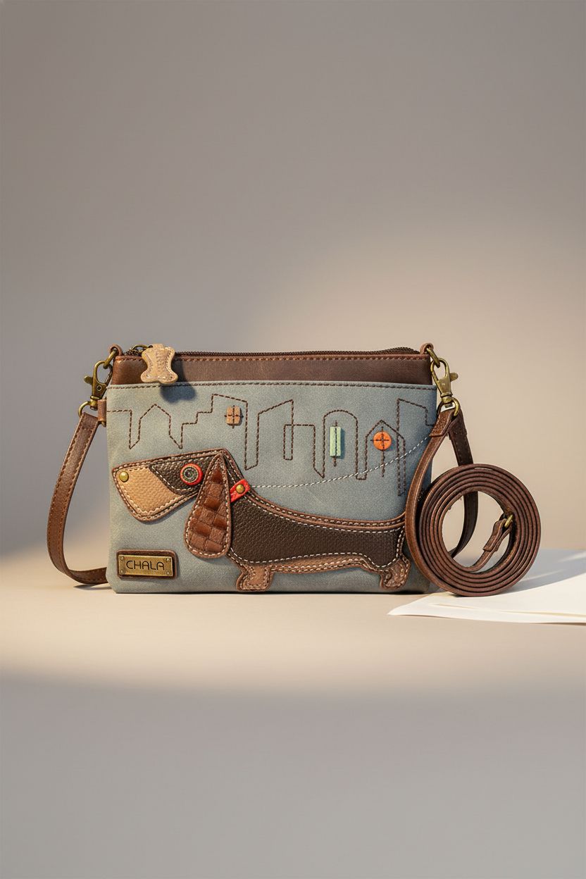 Product shot of CHALA dachshund purse in indigo, highlighting its stylish design and details
