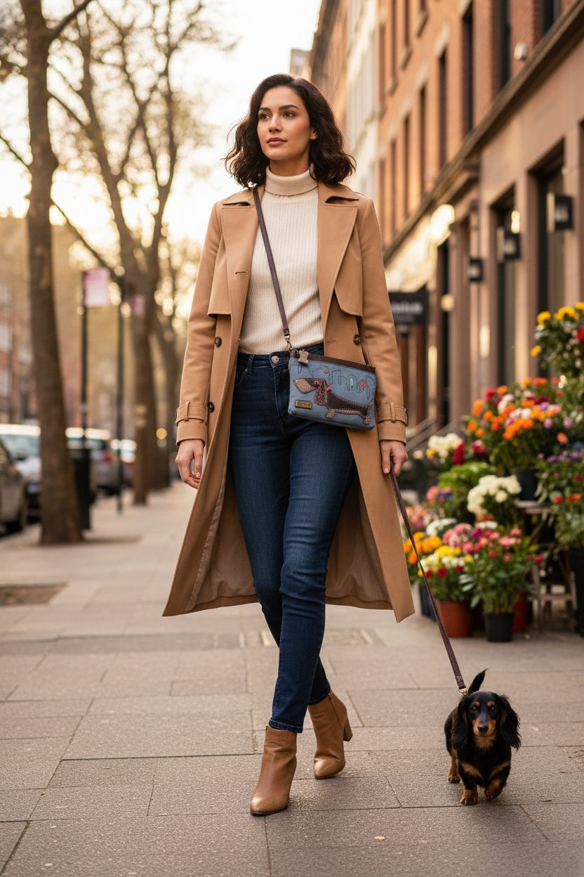 Stylish CHALA dachshund purse in indigo with a camel trench coat in a warm urban setting
