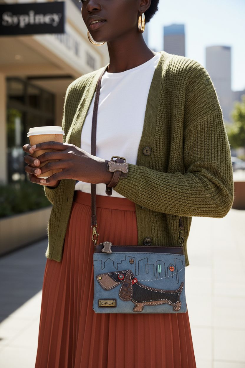 Indigo CHALA dachshund purse being converted to a wristlet outside a café, showcasing versatility