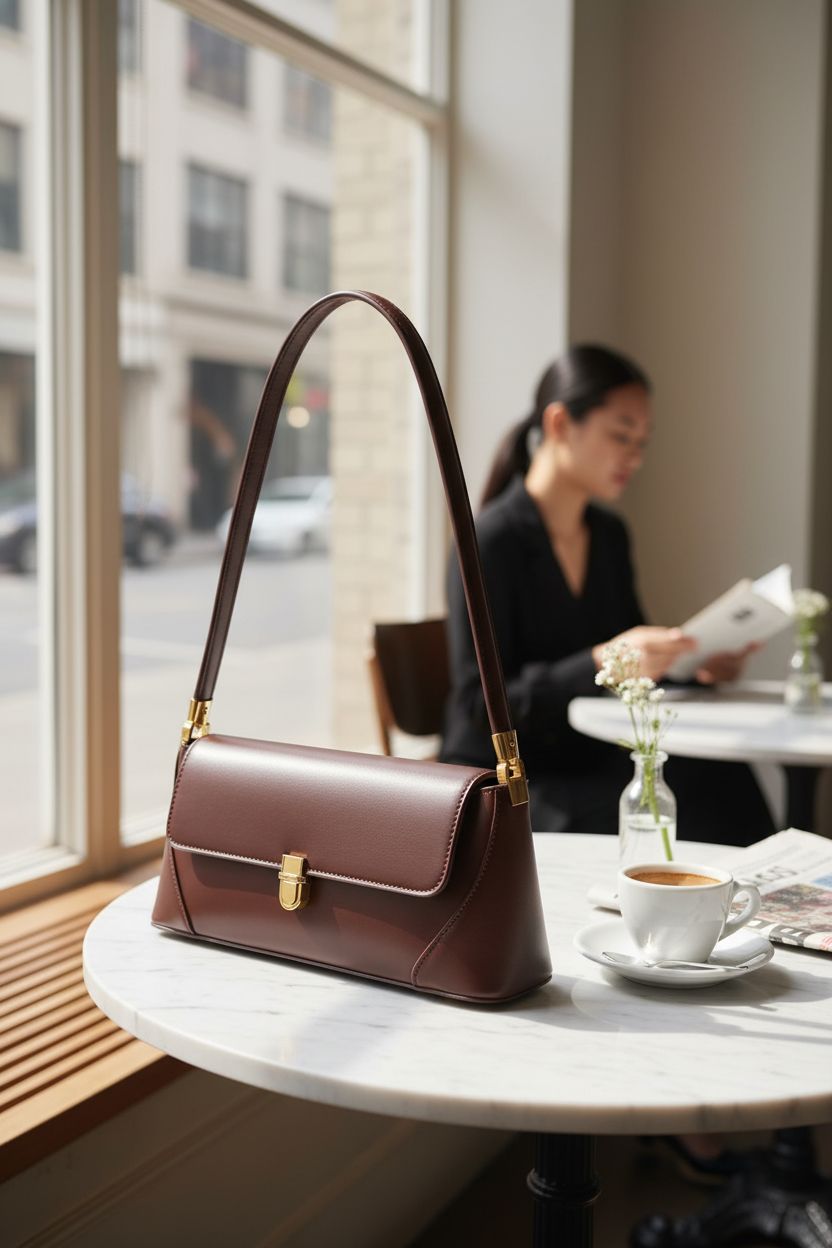 WSRYDJDL dark brown purse resting on marble table, adding sophistication to a café setting.