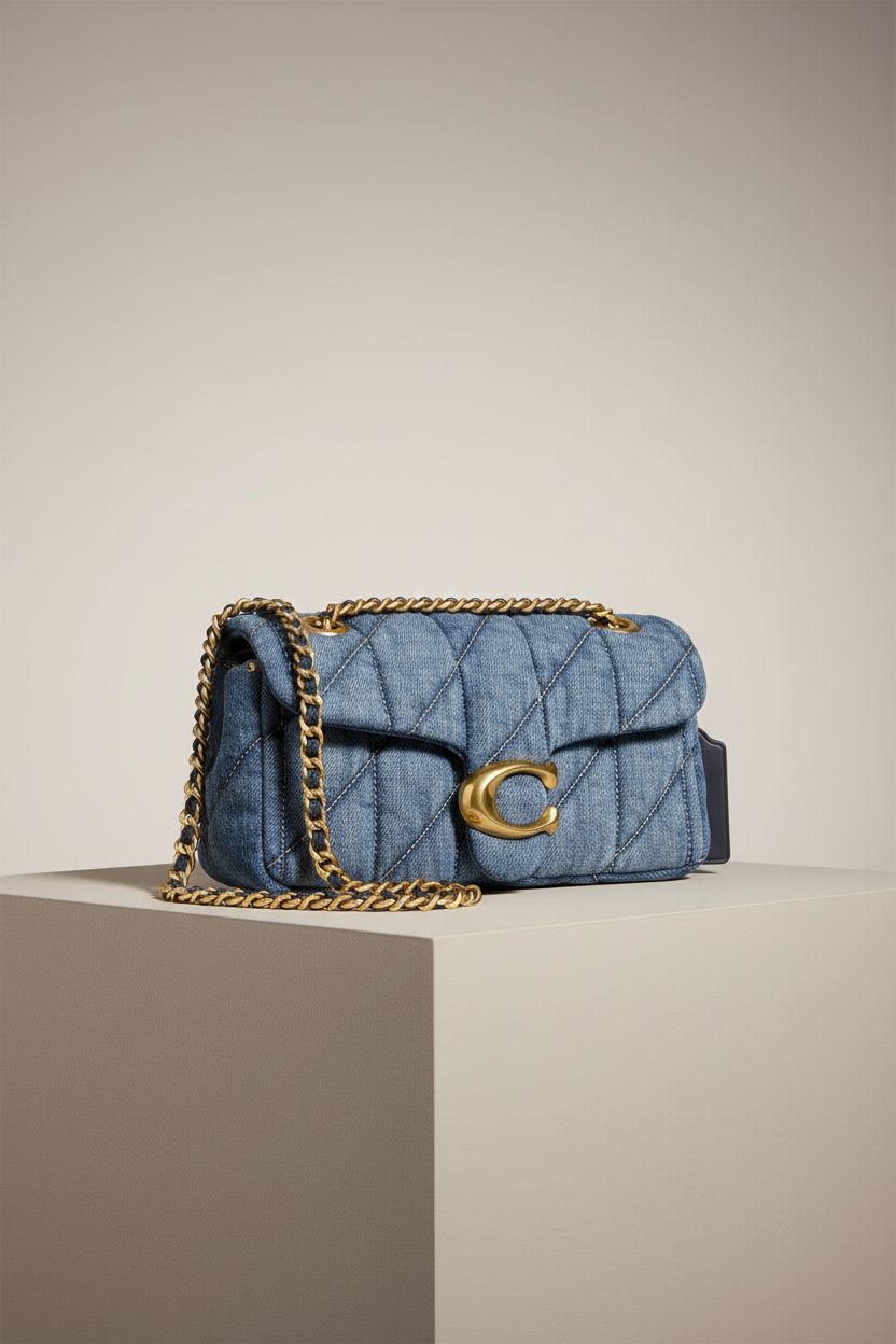 Close-up of the Coach Tabby Shoulder Bag 20 in indigo, highlighting quilted design