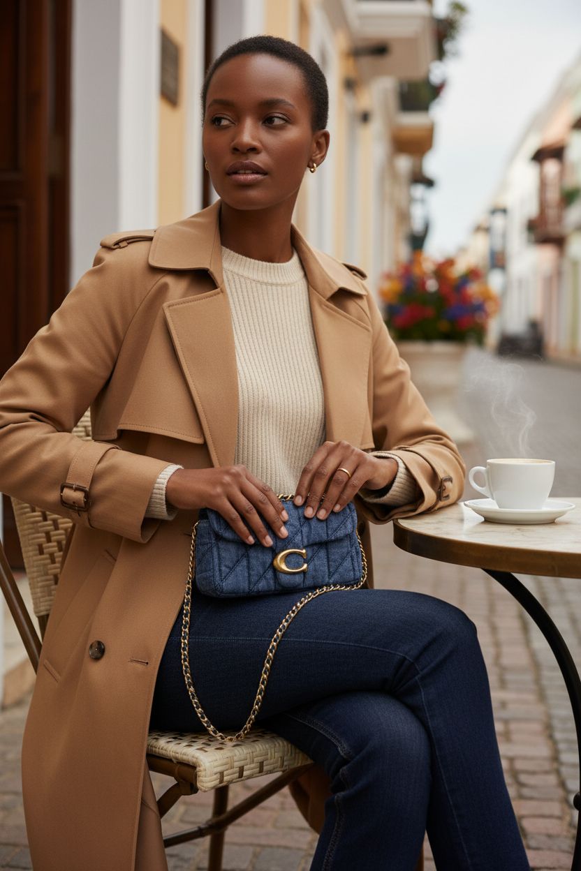 Coach Tabby Shoulder Bag 20 in indigo, quilted denim on a bistro table with coffee