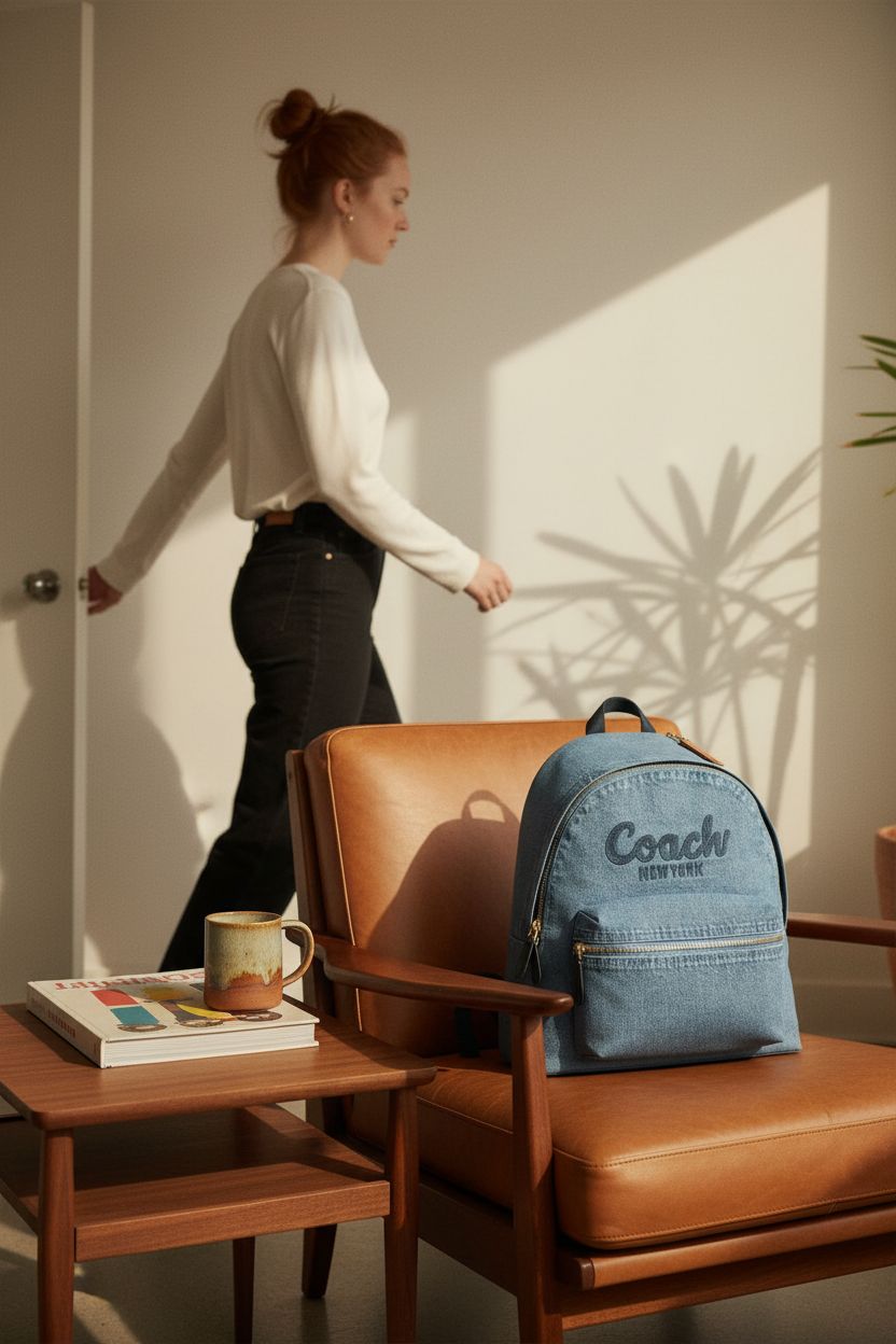 Coach Women's Cargo Backpack resting on a caramel leather chair in a cozy apartment
