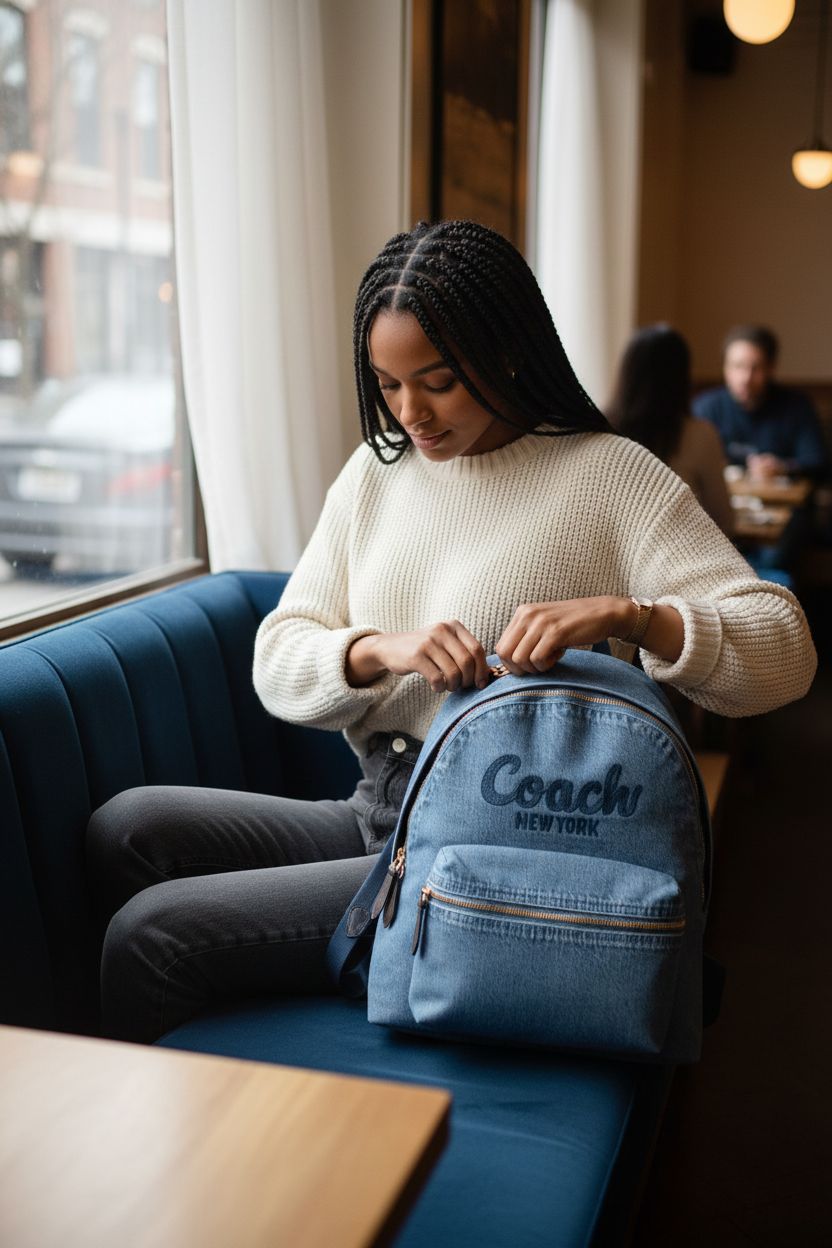 Coach Women's Cargo Backpack in denim and leather at a cozy café window seat