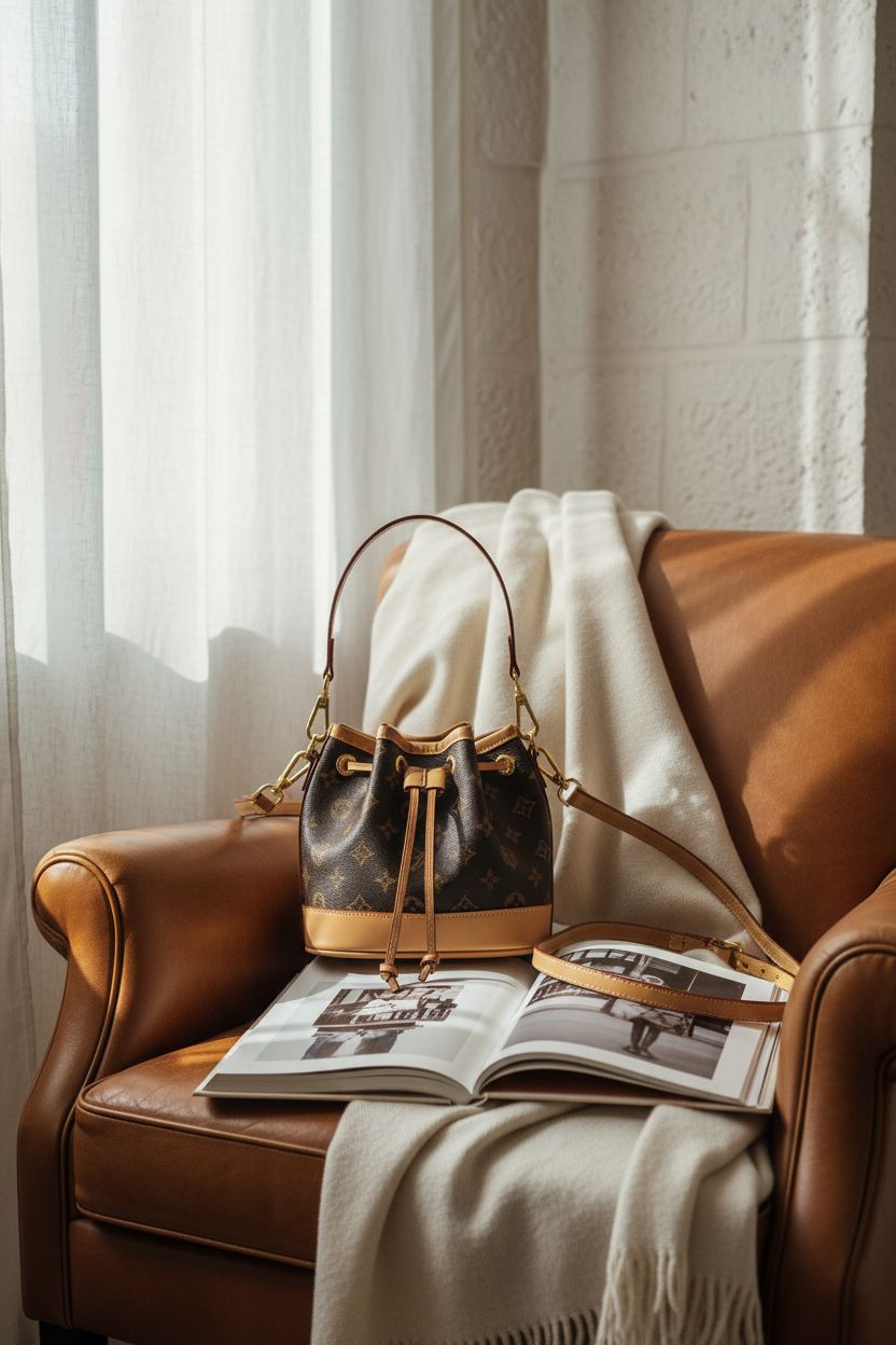 Designer Monogram Bucket Bag showcased in a cozy reading nook, perfect for an elegant lifestyle.