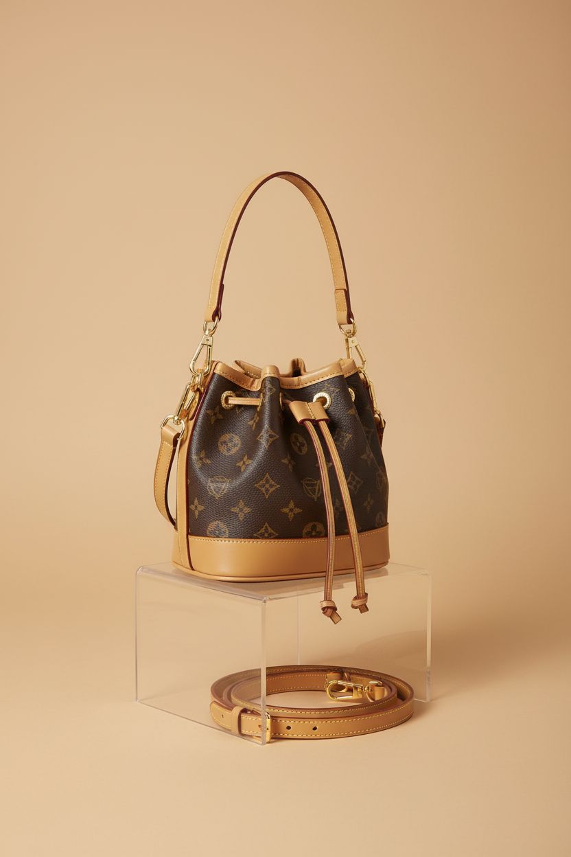 Designer Monogram Bucket Bag in a clean studio setting, highlighting its luxury canvas and leather details.