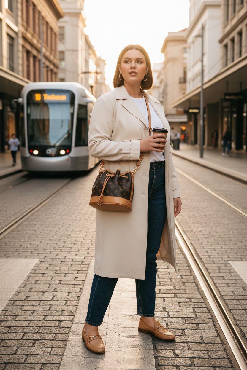 Designer Monogram Bucket Bag in khaki coffee color with gold hardware, styled chicly in a shopping district.