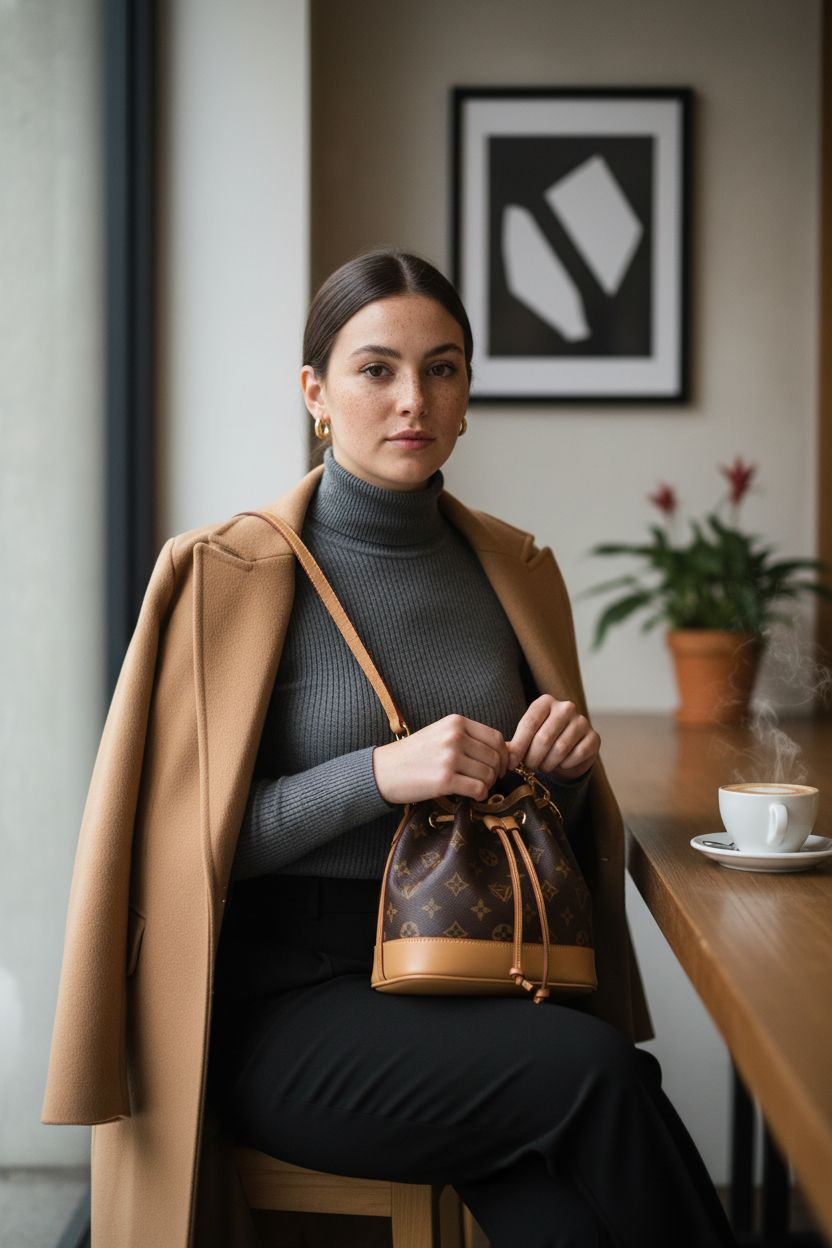 Elegant Designer Monogram Bucket Bag with drawstring, perfect for café outings and stylish moments.