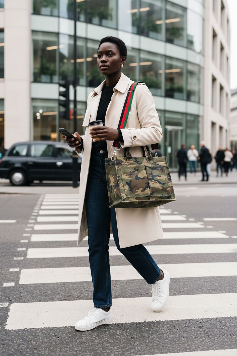 Dyalsa designer camo purse worn crossbody, showcasing stylish design and functionality