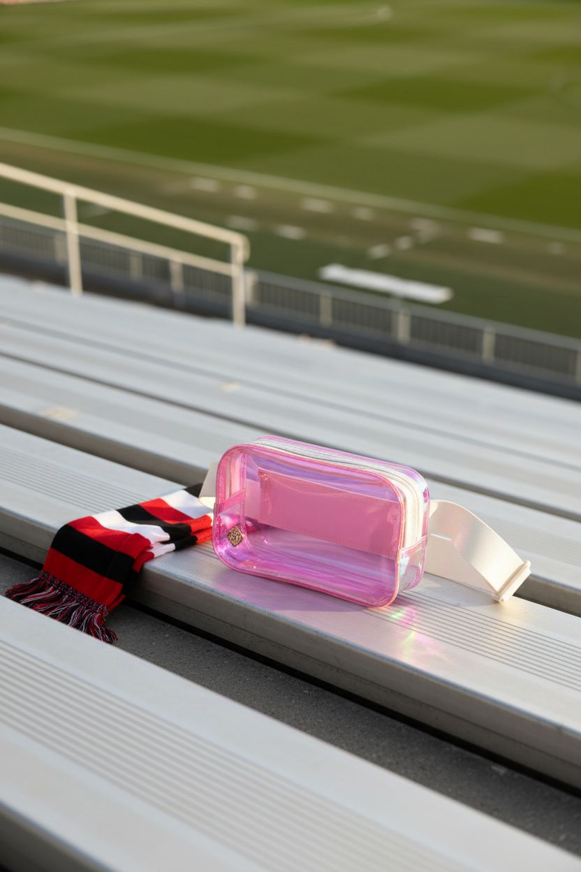 Kendra Scott iridescent pink clear bag resting on aluminum bleachers with a team scarf