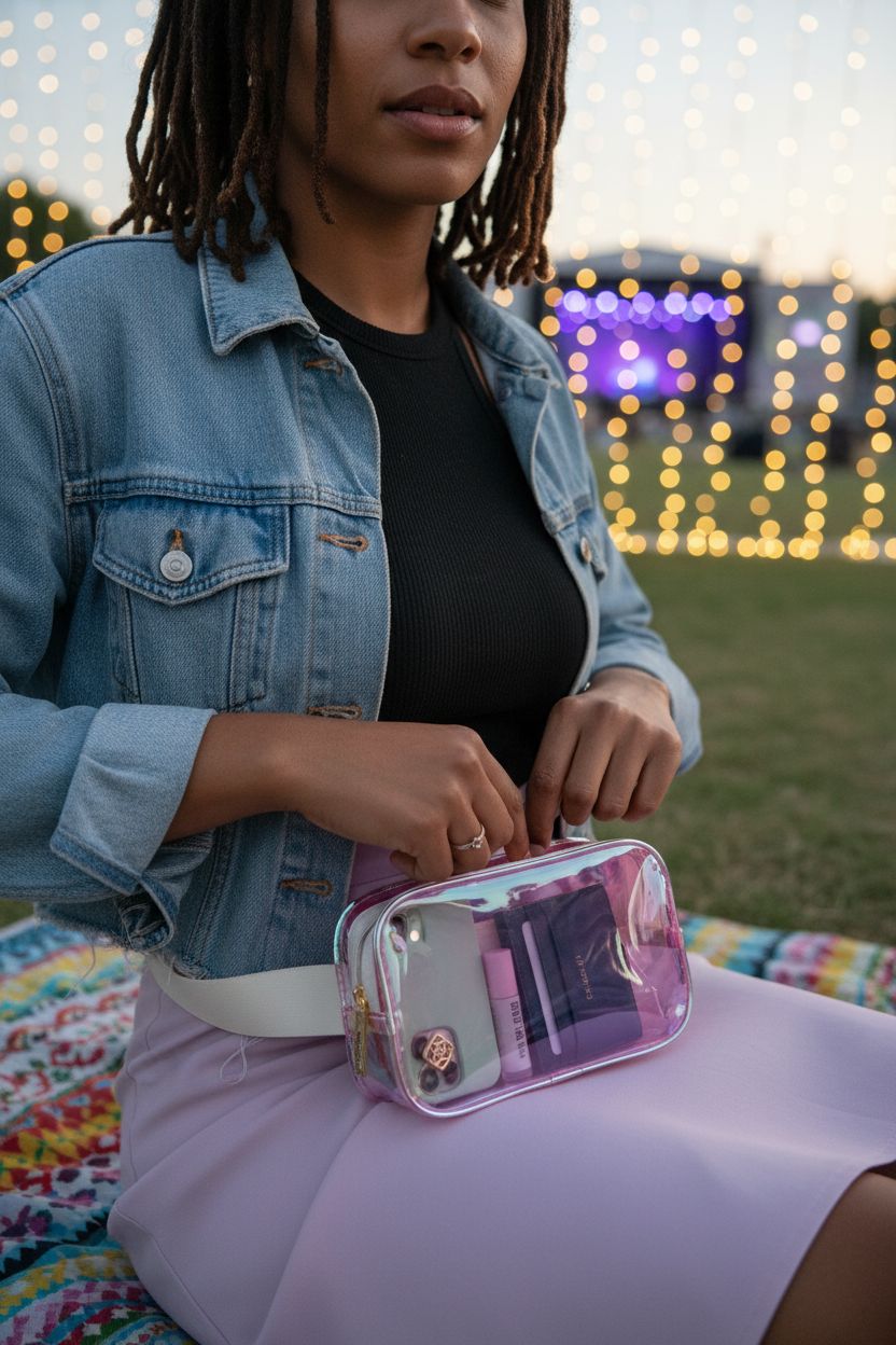 Kendra Scott iridescent pink clear belt bag on a picnic blanket with essentials visible