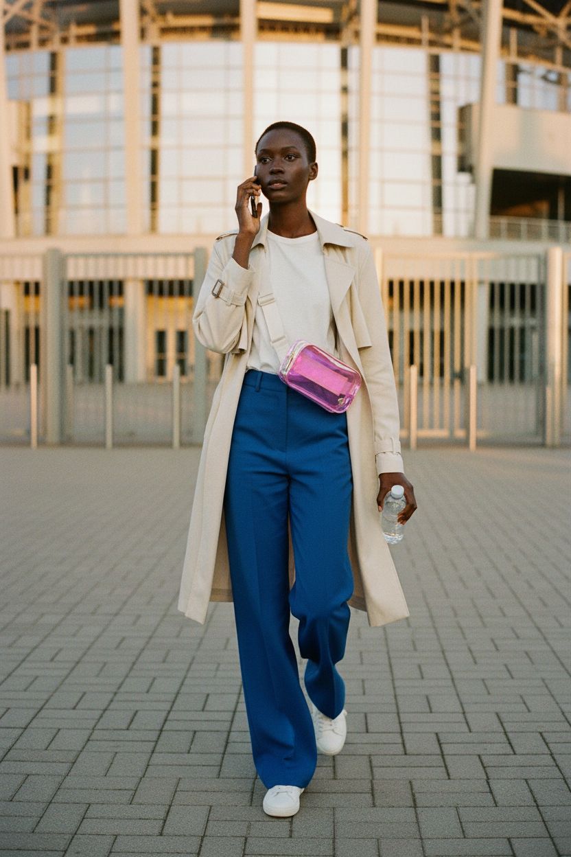 Kendra Scott iridescent pink clear bag worn crossbody at a game day stadium
