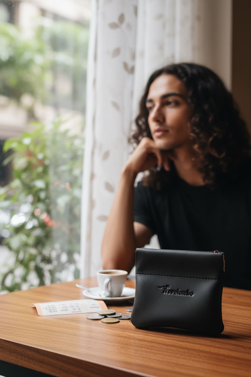 Travelambo leather coin purse resting on a cafe table beside coffee and coins