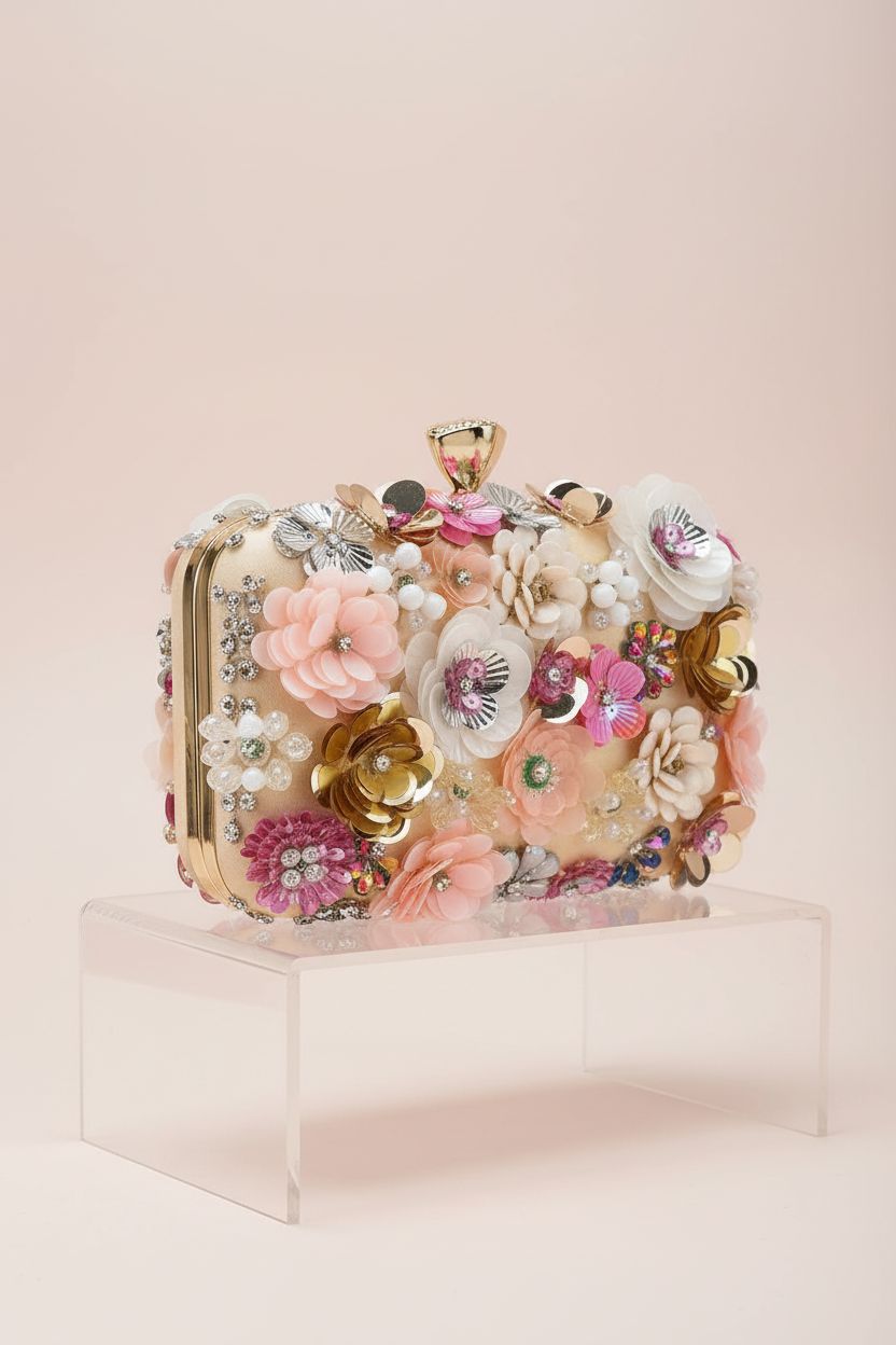 Detailed view of Lanpet's floral evening handbag on an editorial set with soft lighting