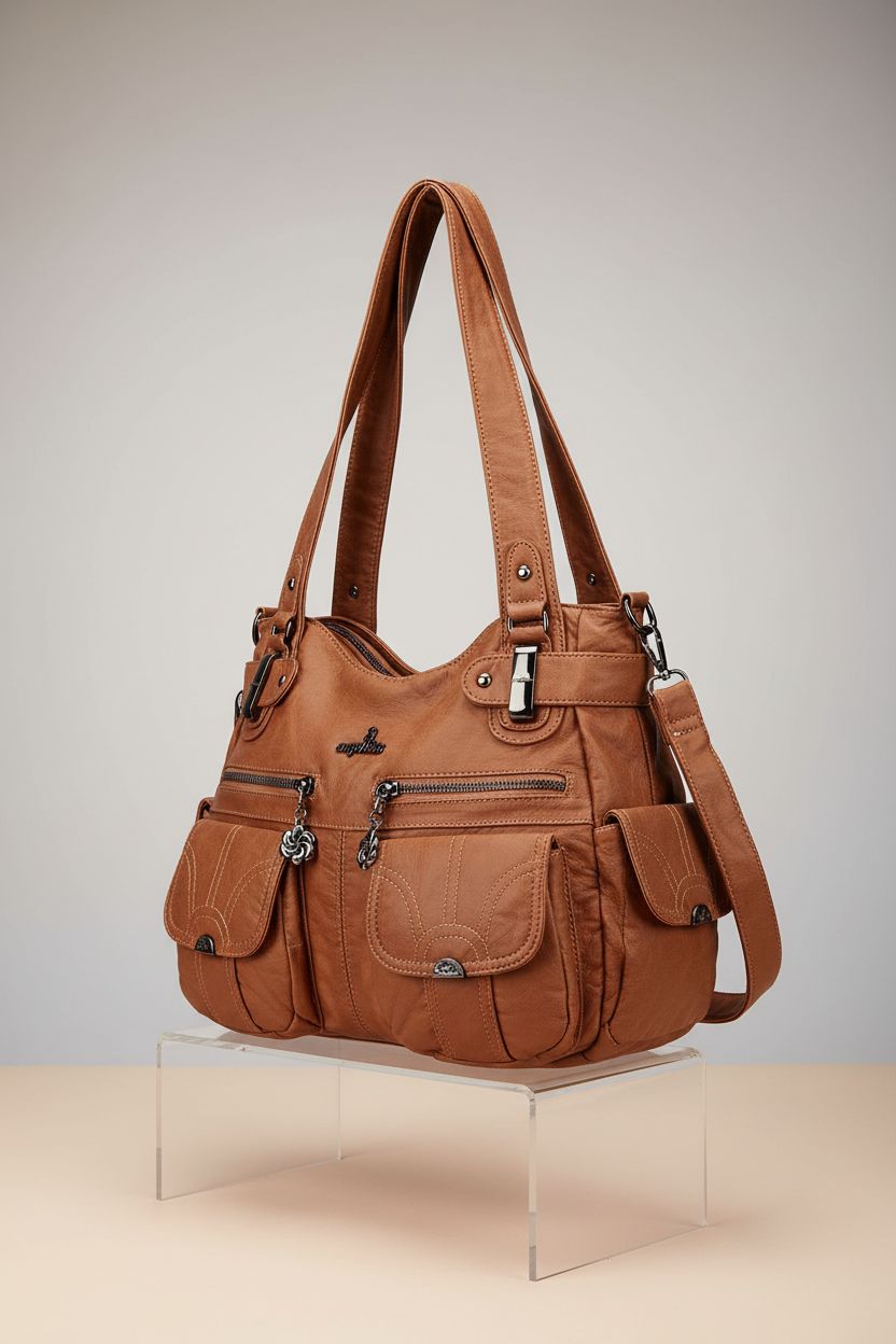 Detailed view of Angel Kiss brown designer handbag with double zippers and pockets