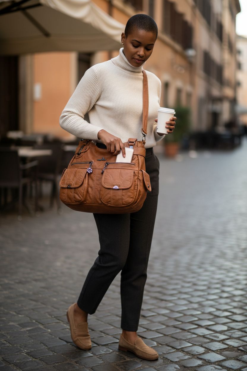 Angel Kiss brown designer handbag being used on a sidewalk with a coffee
