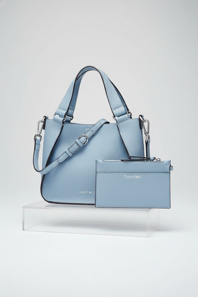 Calvin Klein cloud blue crossbody and removable pouch on a sleek acrylic block in studio setting.