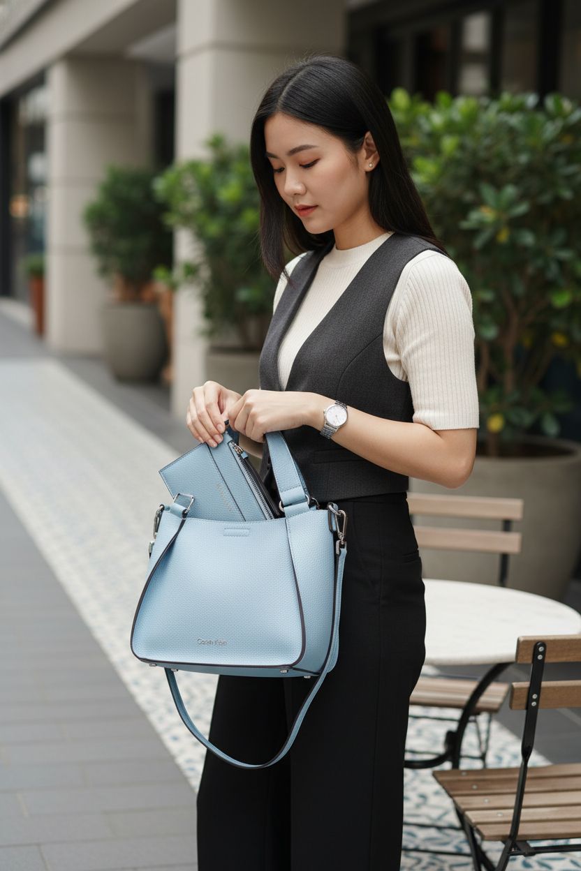 Calvin Klein Estelle Novelty Crossbody in cloud blue, styled with chic outfit at a café.