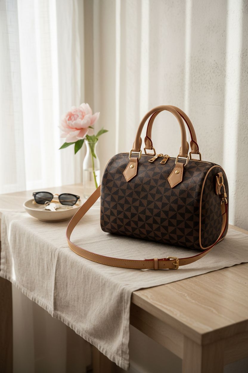 Lacel Urwebin satchel bag elegantly placed in a refined entryway with natural decor.