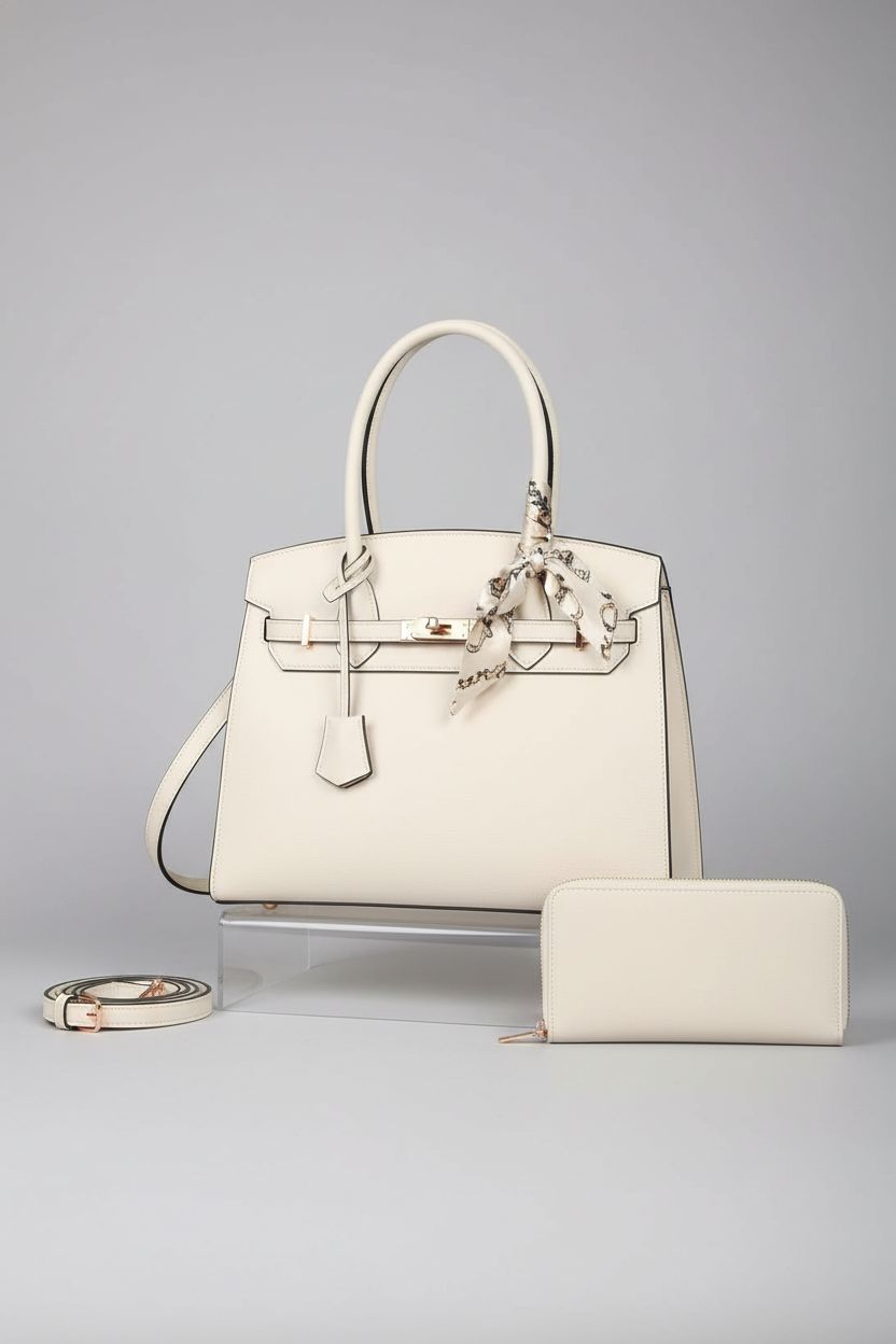 Nymera ivory-beige handbag and wallet on a sleek acrylic riser, showcasing exquisite craftsmanship and design.