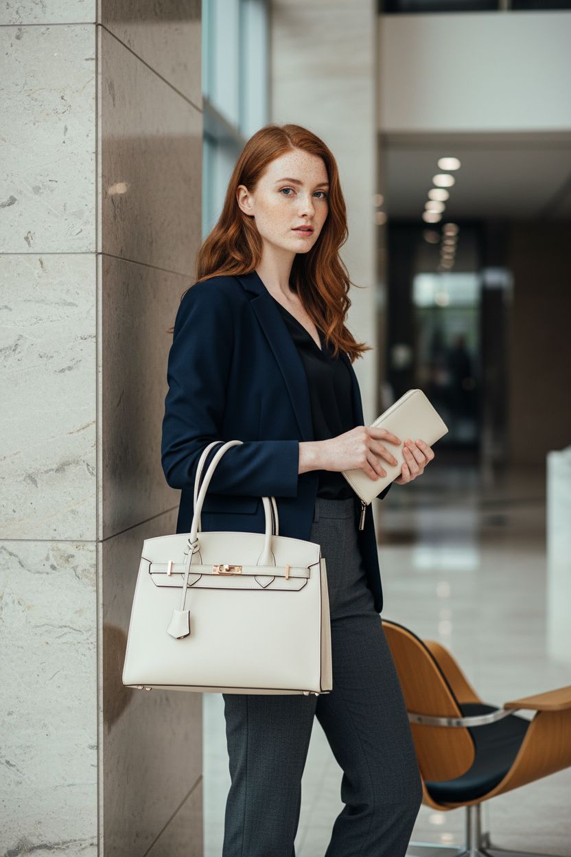 Ivory-beige designer handbag by Nymera with matching wallet, showcased in a corporate lobby setting.