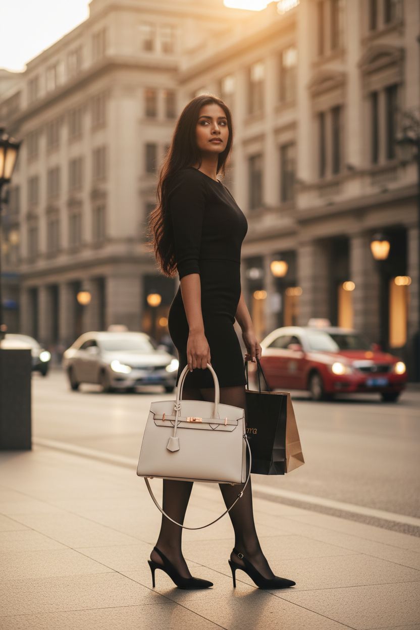 Ivory-beige Nymera satchel held by a model on a boutique sidewalk, exuding elegance and sophistication.