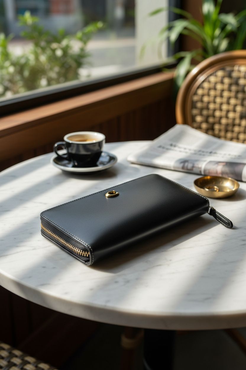 Coach Women's Smooth Leather Skinny Wallet displayed on a marble table with an espresso and newspaper.