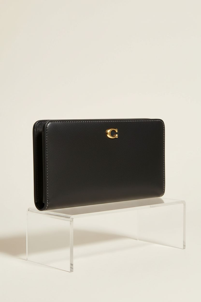 Close-up of Coach Women's Smooth Leather Skinny Wallet showcasing its elegant design and gold hardware.