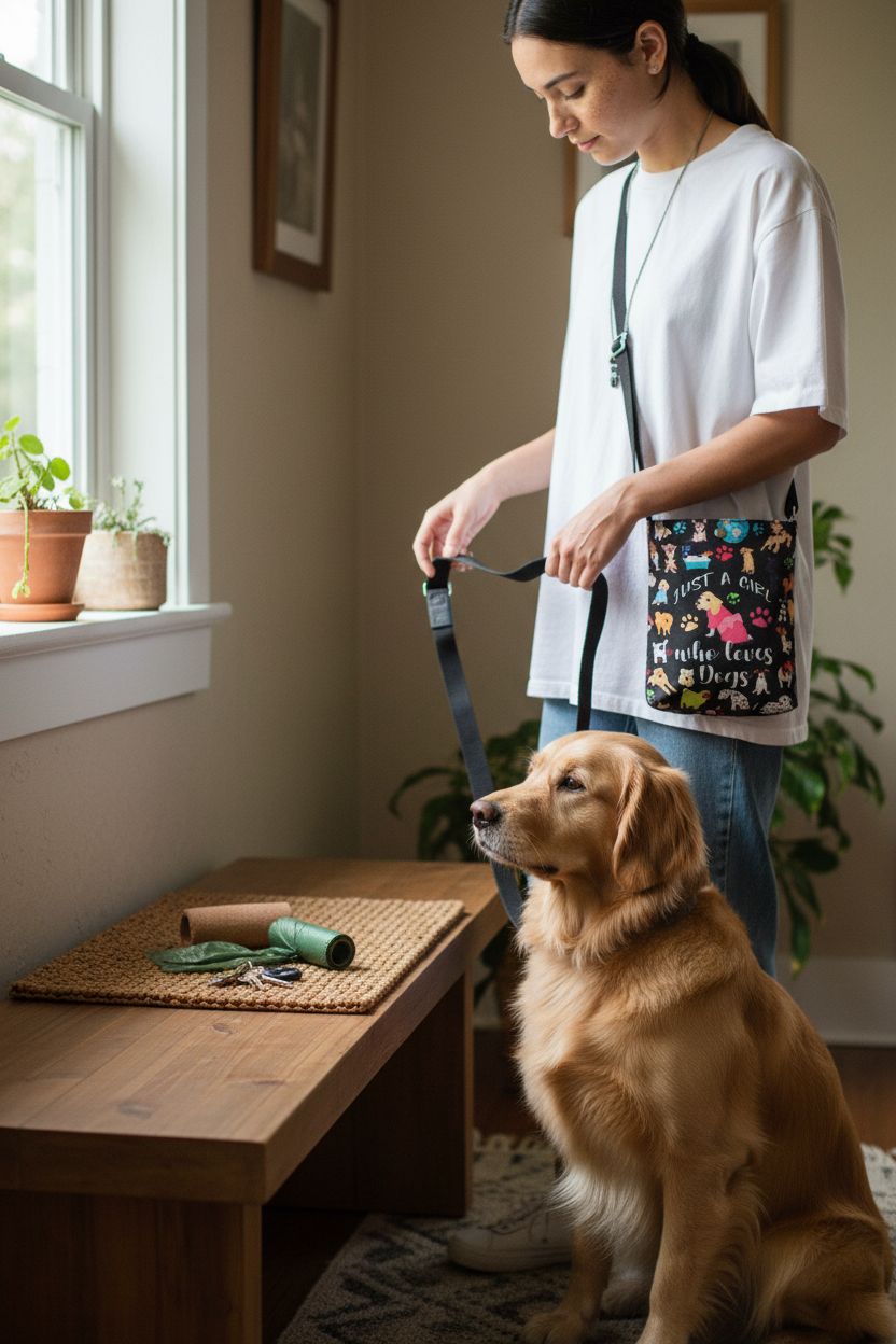 CMNIM dog print purse placed beside keys and leash in a cozy entryway, ready for walks